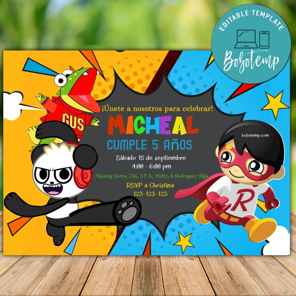 Invitación de cumpleaños de Ryan's World para imprimir | Bobotemp, image size:1000x1000