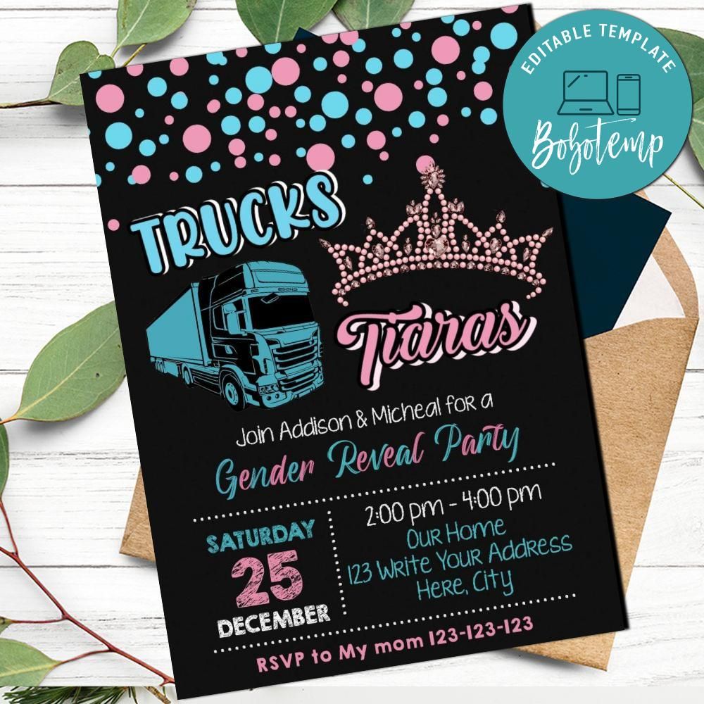 Trucks and tiaras Gender Reveal Party Invitation Customizable DIY