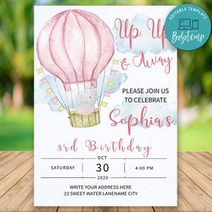 Printable Pink Hot Air Balloon 3rd Birthday Invitation Instant Download