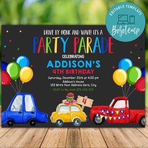 Drive by Birthday Parade Invite Free Thank You Tag Instant Download