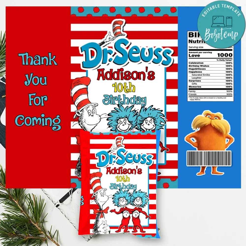Dr. Seuss Birthday Chip Bag Digital File Printable DIY | Bobotemp
