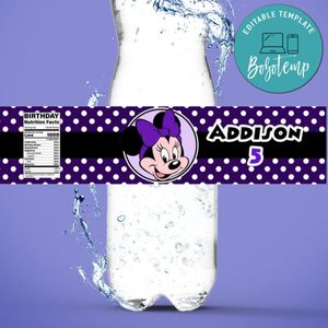 Minnie Mouse Purple Polka Dot Birthday Water Bottle Label Template to Print at Home Instant Download