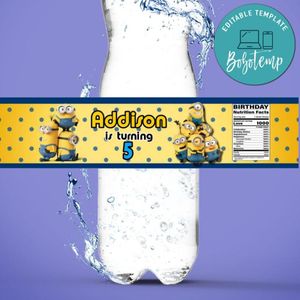 Minnios Water Bottle Label Template to Print at Home Instant Download