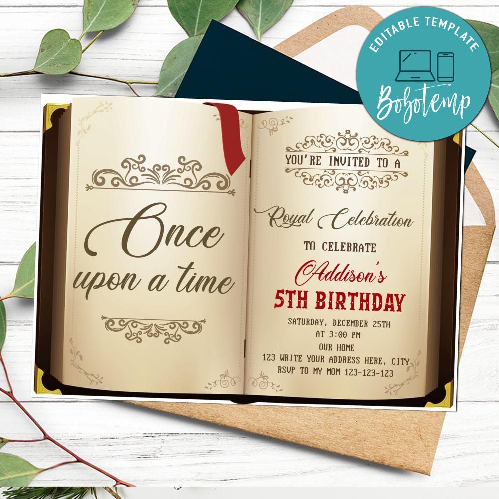 Book Themed Birthday Invitation Customizable Template DIY Bobotemp