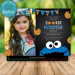 Editable Cookie Monster Invitation First Birthday With Photo Instant Download