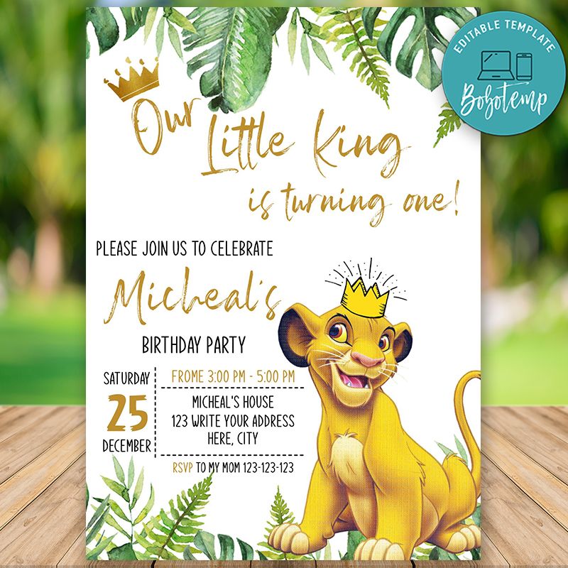 Printable Simba Lion King 1st Birthday Invitation DIY | Bobotemp