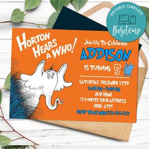 Horton Hears a Who! Invitation Template to Print at Home Instant Download