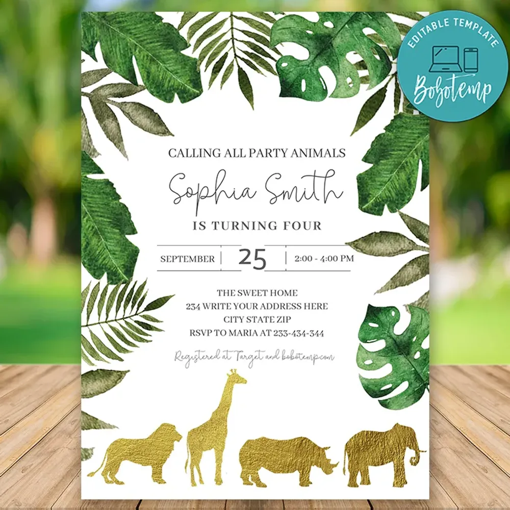 Editable Jungle Animals Baby Boy 4th Birthday Invitation DIY