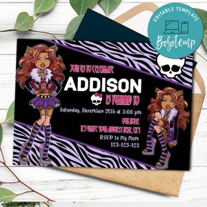 Clawdeen wolf monster high Invitation Template to Print at Home Instant Download