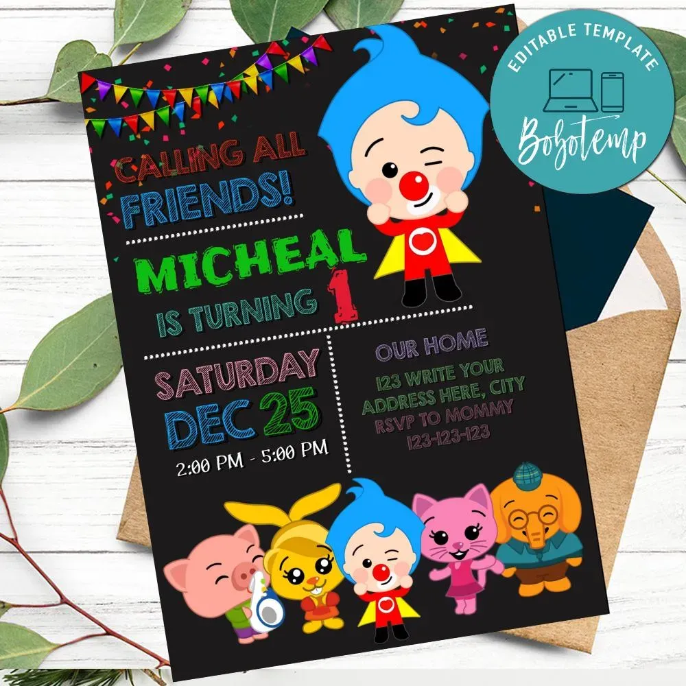 Clown Plim Plim First Birthday Invitation To Print At Home Diy
