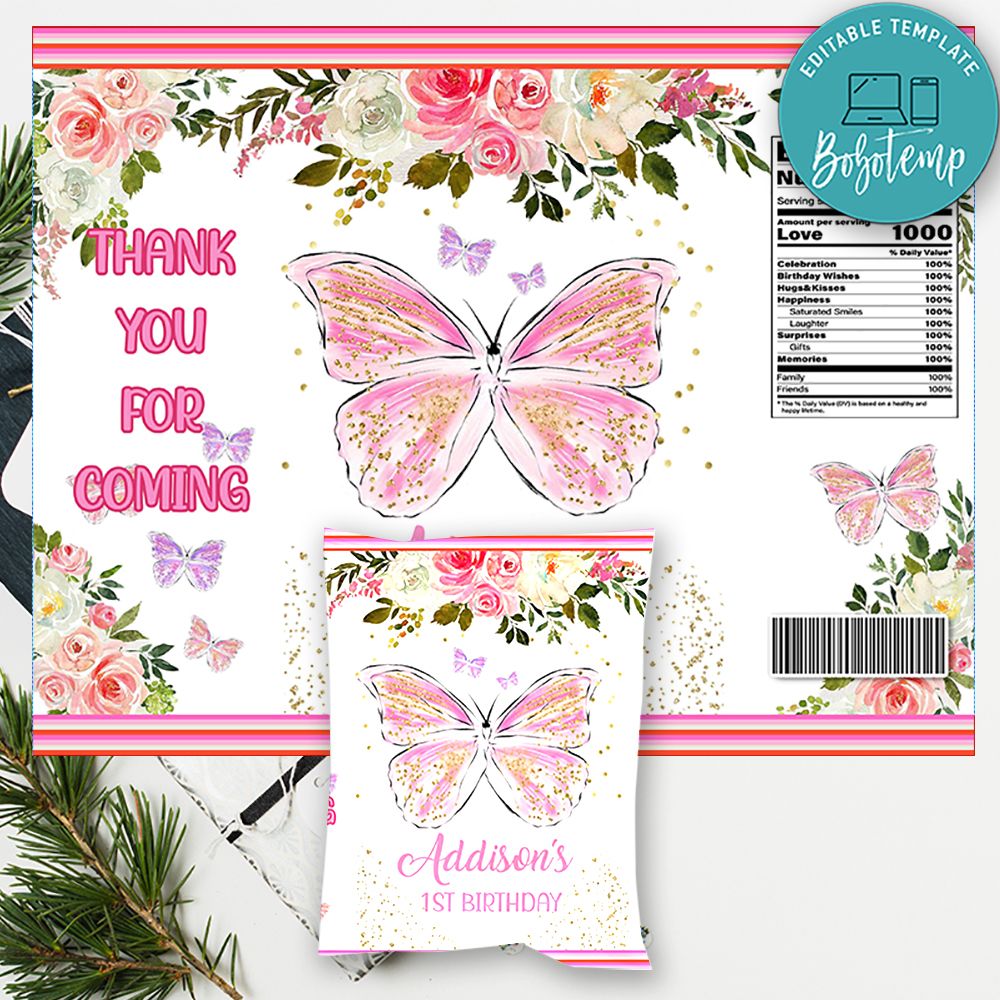 Pink butterfly Chip Bag Digital File Printable DIY Bobotemp