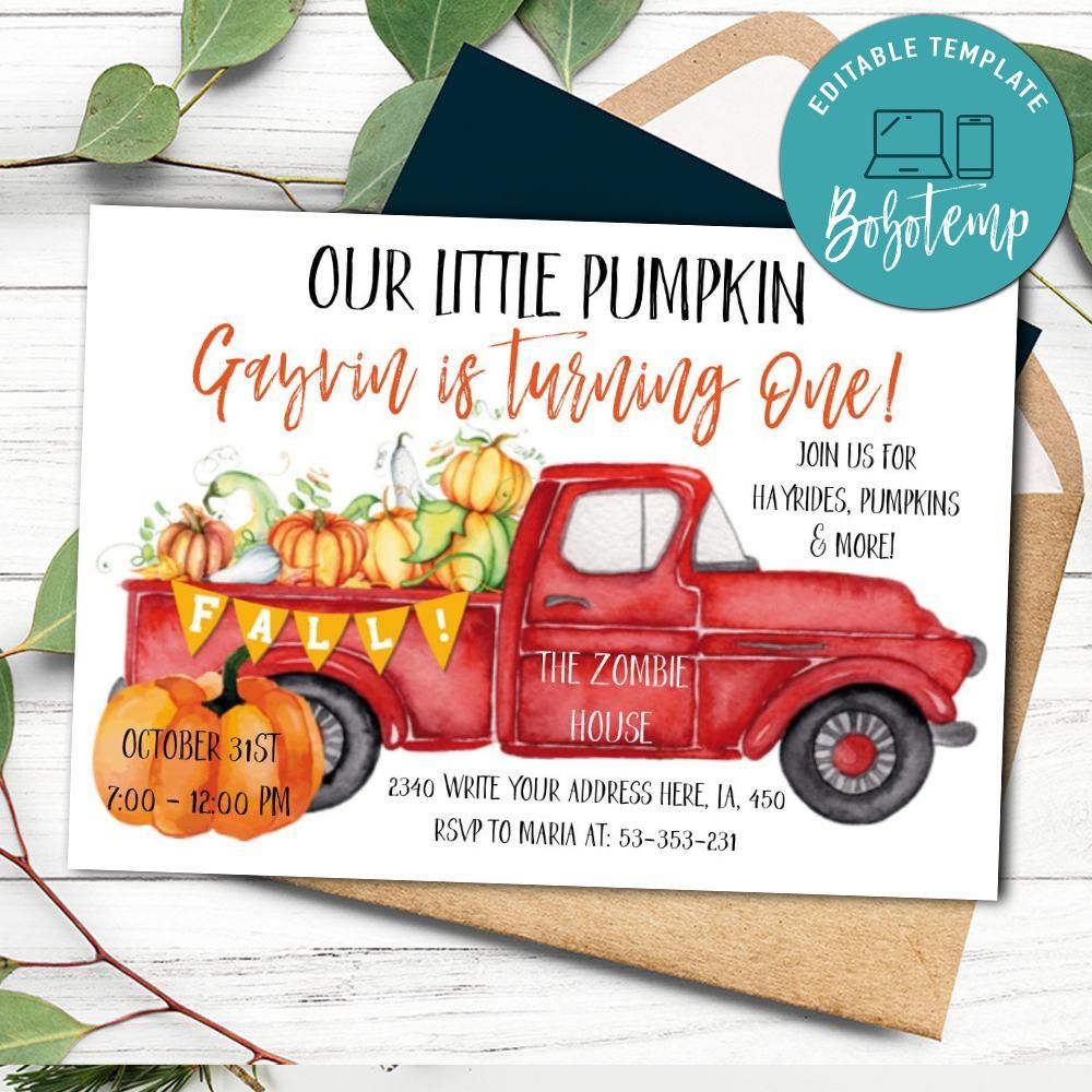 Our little Pumpkin is turning One! Red Truck Fall Boy Invite | Bobotemp