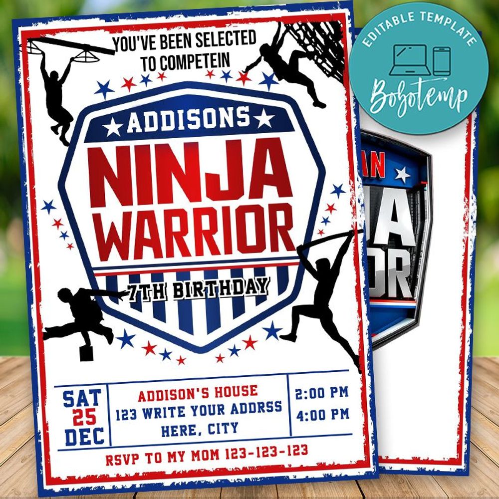 Editable American Ninja Warrior Birthday Invitation DIY Createpartylabels