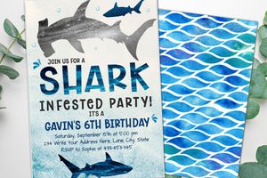 Shark Party Hammerhead shark Watercolor Boy Pool Party Summer