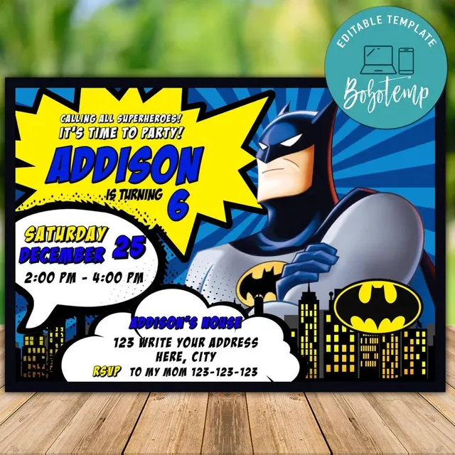 Editable Batman Comic Birthday Flyer Instant Download | Bobotemp for Batman Birthday Invites Free Printables