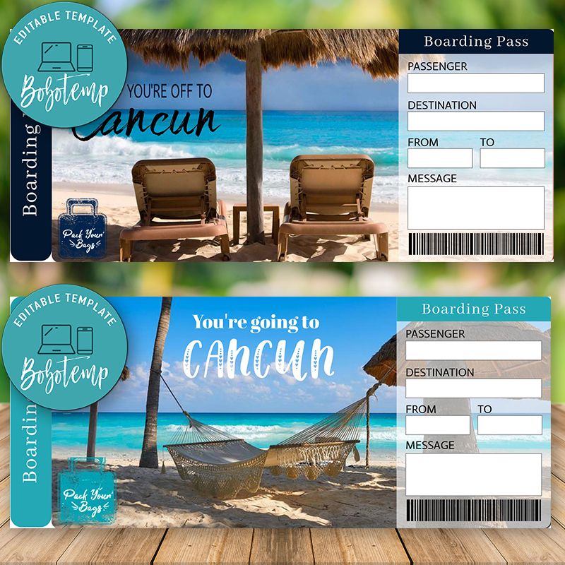 Editable CANCUN Surprise Gift Ticket Instant Download Sportspartydesign