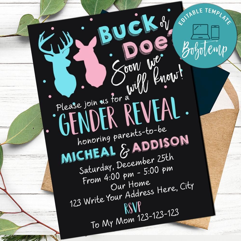 Buck Or Doe Gender Reveal Invitation Printable Instant Download Bobotemp