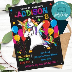 Dabbing unicorn Birthday Invitation Template to Print at Home Instant Download