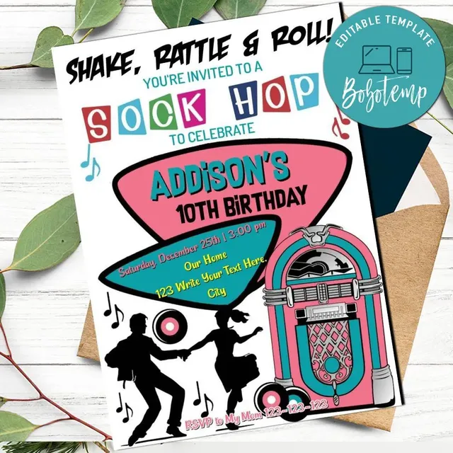 50's Sock hop Invitation Customizable Template Instant Download | Bobotemp 50-s-sock-hop-invitation-customizable-template-instant-download-bobotemp