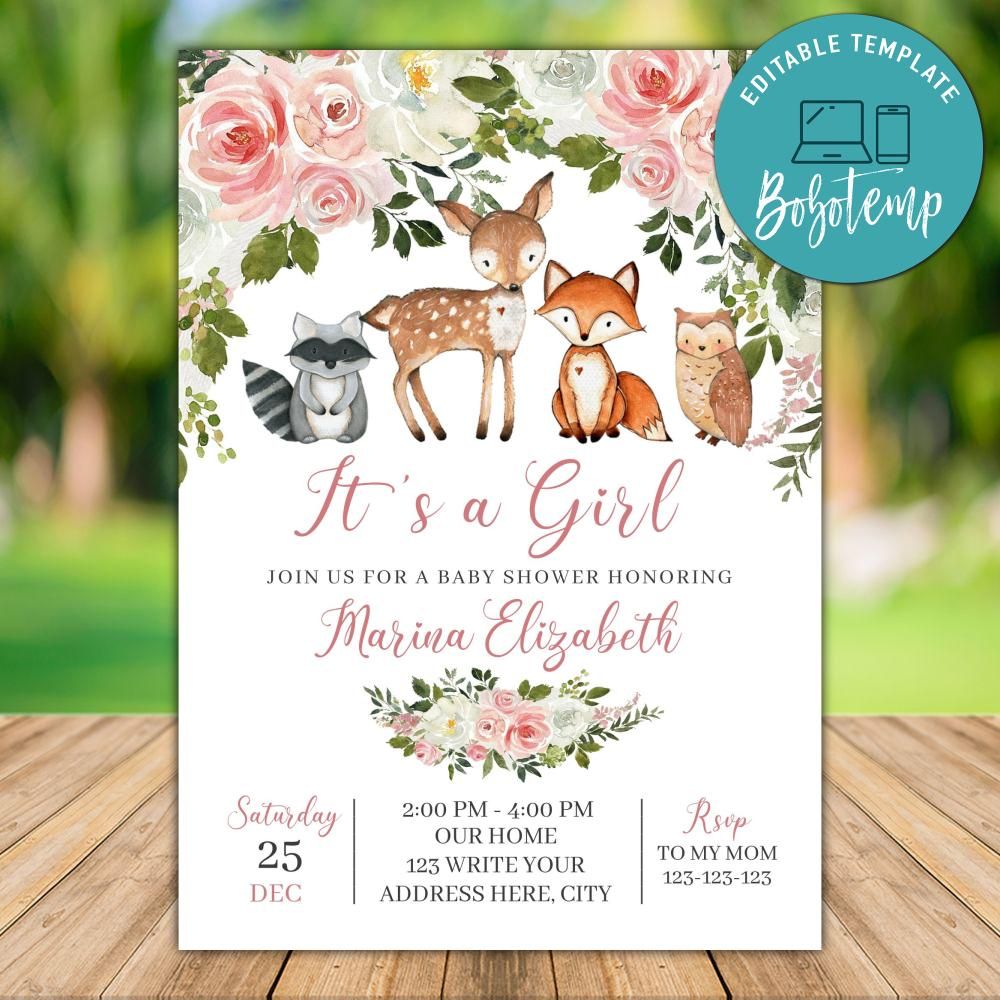 Printable Girl Woodland Baby Shower Invitation Instant Download Bobotemp