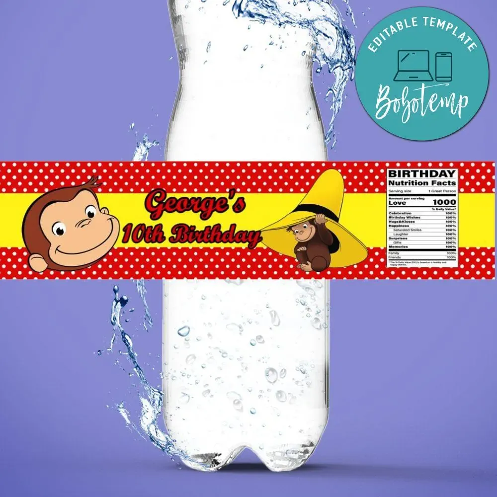 Curious George Water Bottle Label Template DIY | Bobotemp Shop