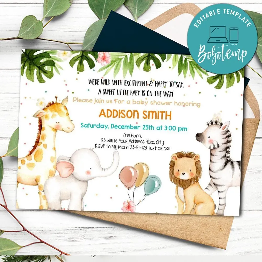 Wildlife Jungle Animals Baby Shower Invitation Template DIY Bobotemp