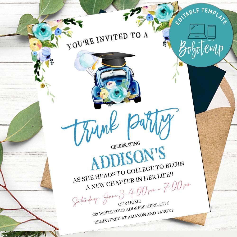 Floral College Trunk Party Invitation Wording To Print At Home Bobotemp