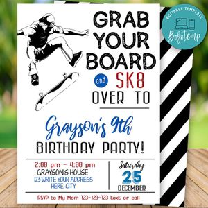 Editable Skating Board Birthday Invitations Instant Download