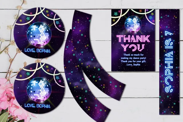 Editable Dance Party SET Birthday Invitation - Glow Rainbow Disco | Bobotemp for Free Printable Galaxy Birthday Invitations