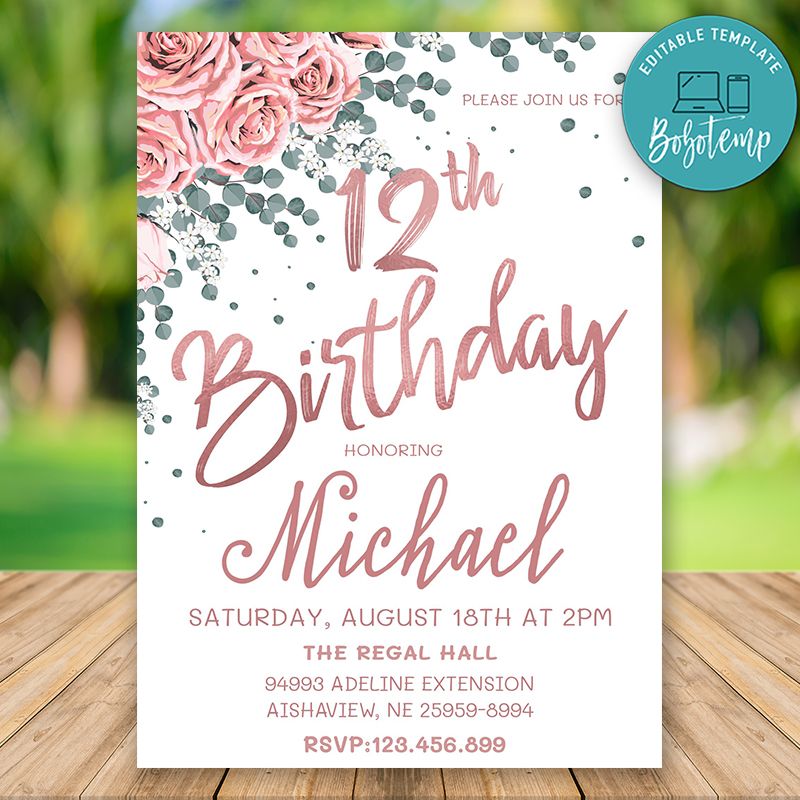Editable Rose Gold 12th Birthday Invitation Instant Download | Bobotemp