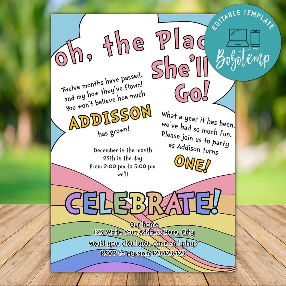 Printable Oh The Places You'll go Birthday Invite Wording DIY | Bobotemp