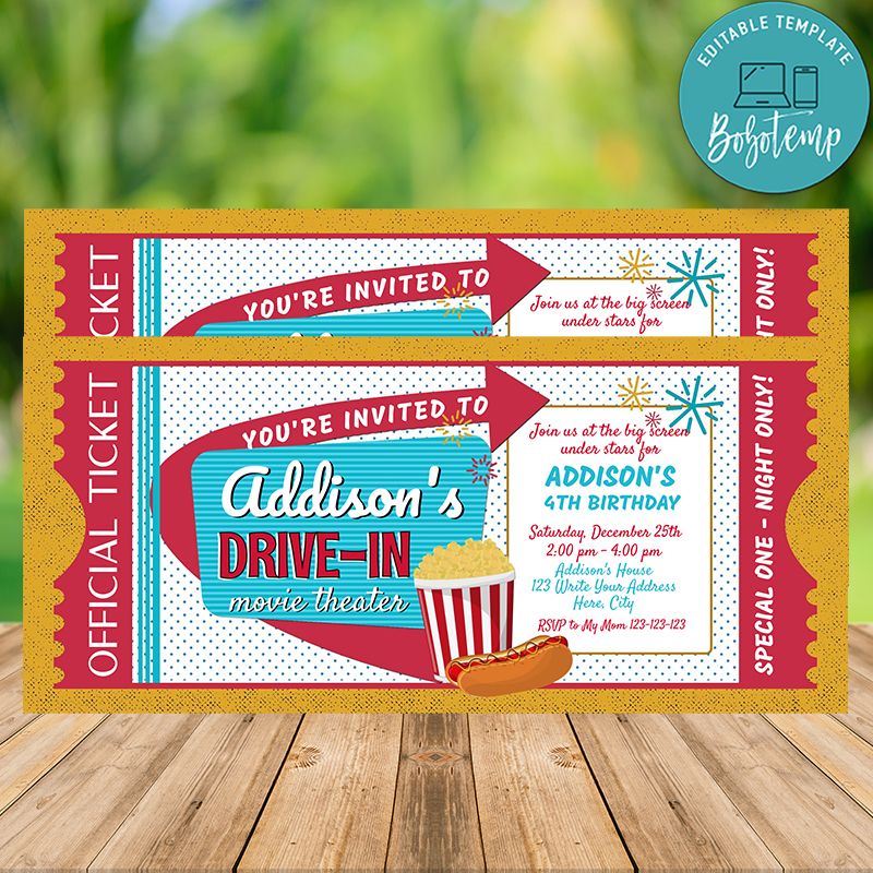 Printable Retro Drive-In Movie Birthday Party Invitation DIY | Bobotemp