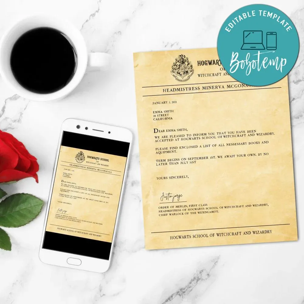 Letter from Hogwarts Customizable Template DIY | Bobotemp