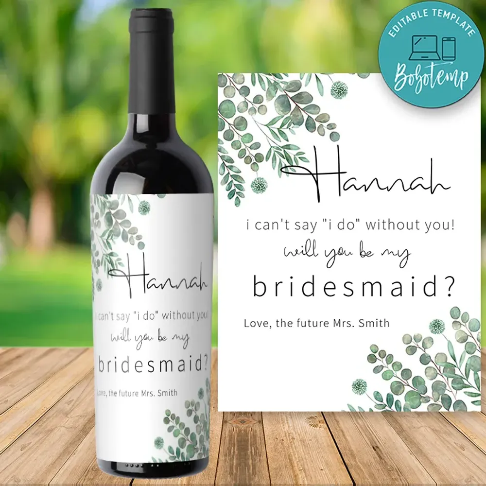 Greenery Bridesmaid Proposal Wine Bottle Label Template | Bobotemp