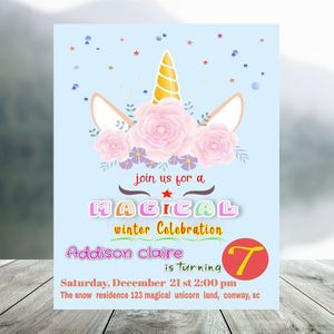 Editable Magical Winter Unicorn Birthday Flyer Instant Download