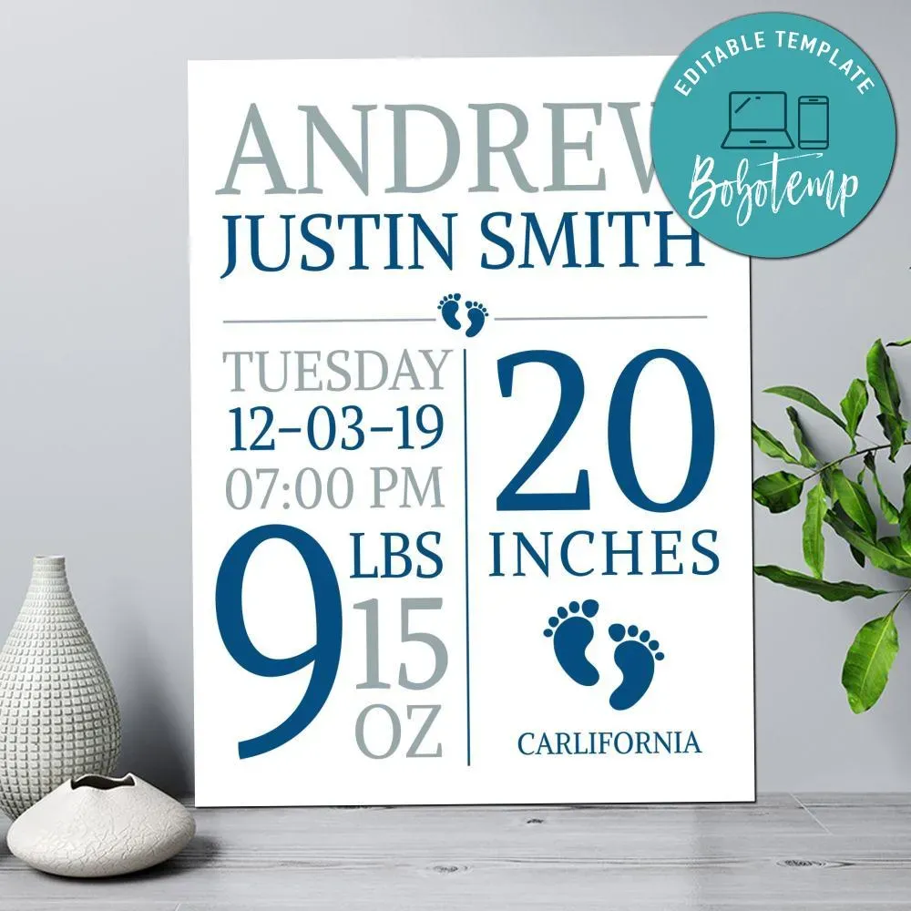 Baby Birth Stats Wall Art Sign Digital Template Customizable DIY Bobotemp