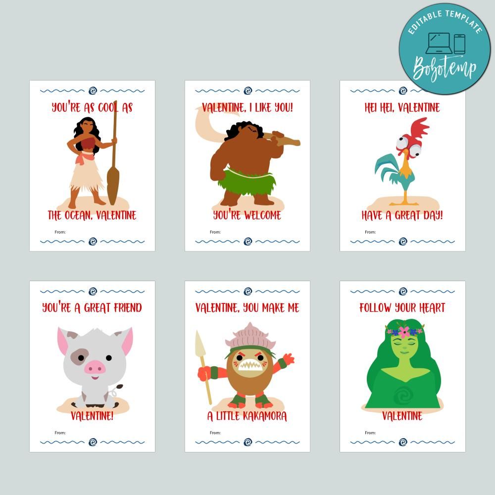 Moana Kids Valentine Cards Printable Customizable Template DIY | Bobotemp