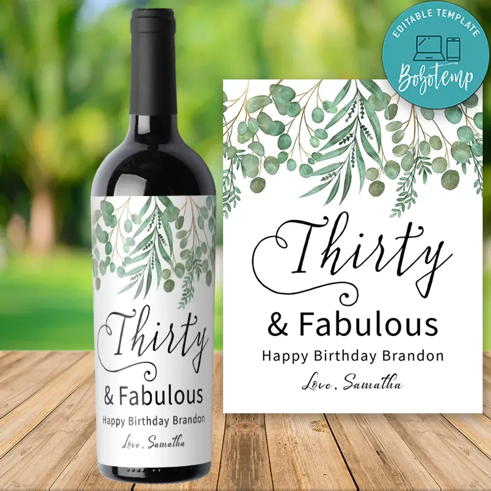 Printable Greenery Wine Birthday Label Template | Bobotemp
