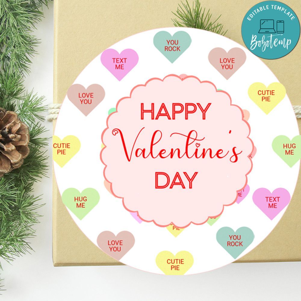 Happy Valentine's Day Round Tag Customizable Template Instant Download