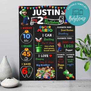 Super Mario Birthday Milestone board Customizable Template Instant Download