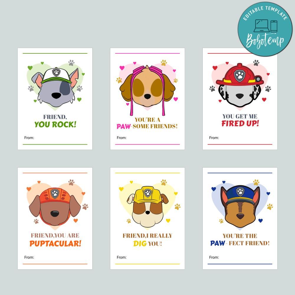Paw Patrol Kids Valentine Cards Printable Customizable Template | Bobotemp