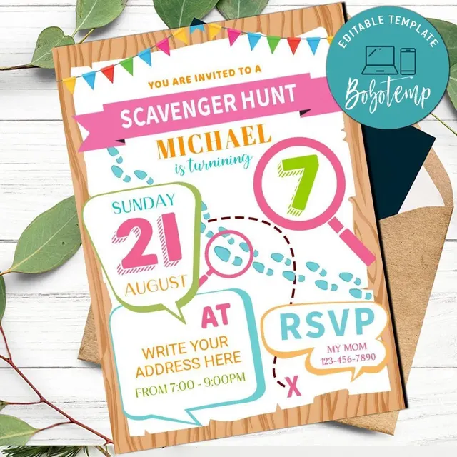Scavenger Hunt Birthday invitation Customizable Template Bobotemp