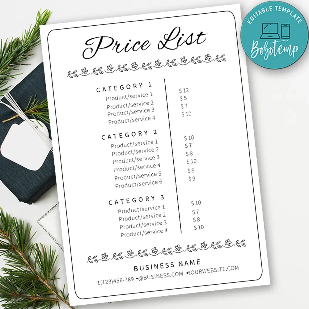 Editable Business Store Price List Template Instant Download | Bobotemp
