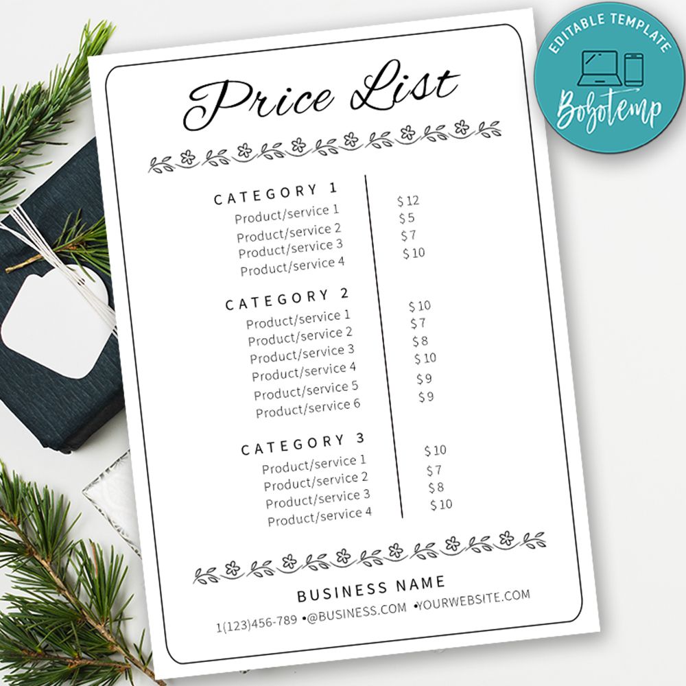 Editable Business Store Price List Template Instant Download