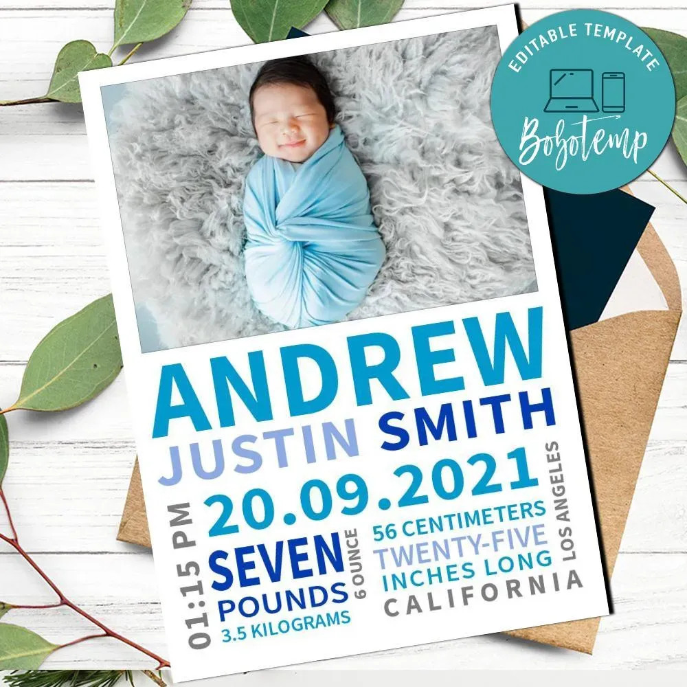Baby Boy Birth Announcement With Photo Template DIY Createpartylabels