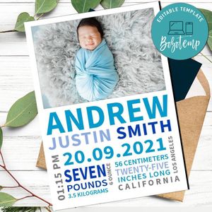 Baby Boy Birth Announcement With Photo Template Customizable Instant Download