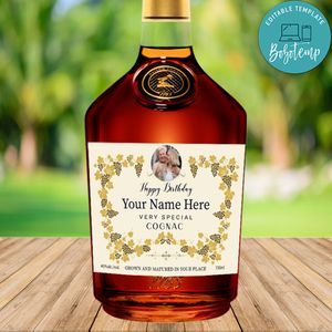 Customizable Cognac Birthday label Template with Photo Instant Download