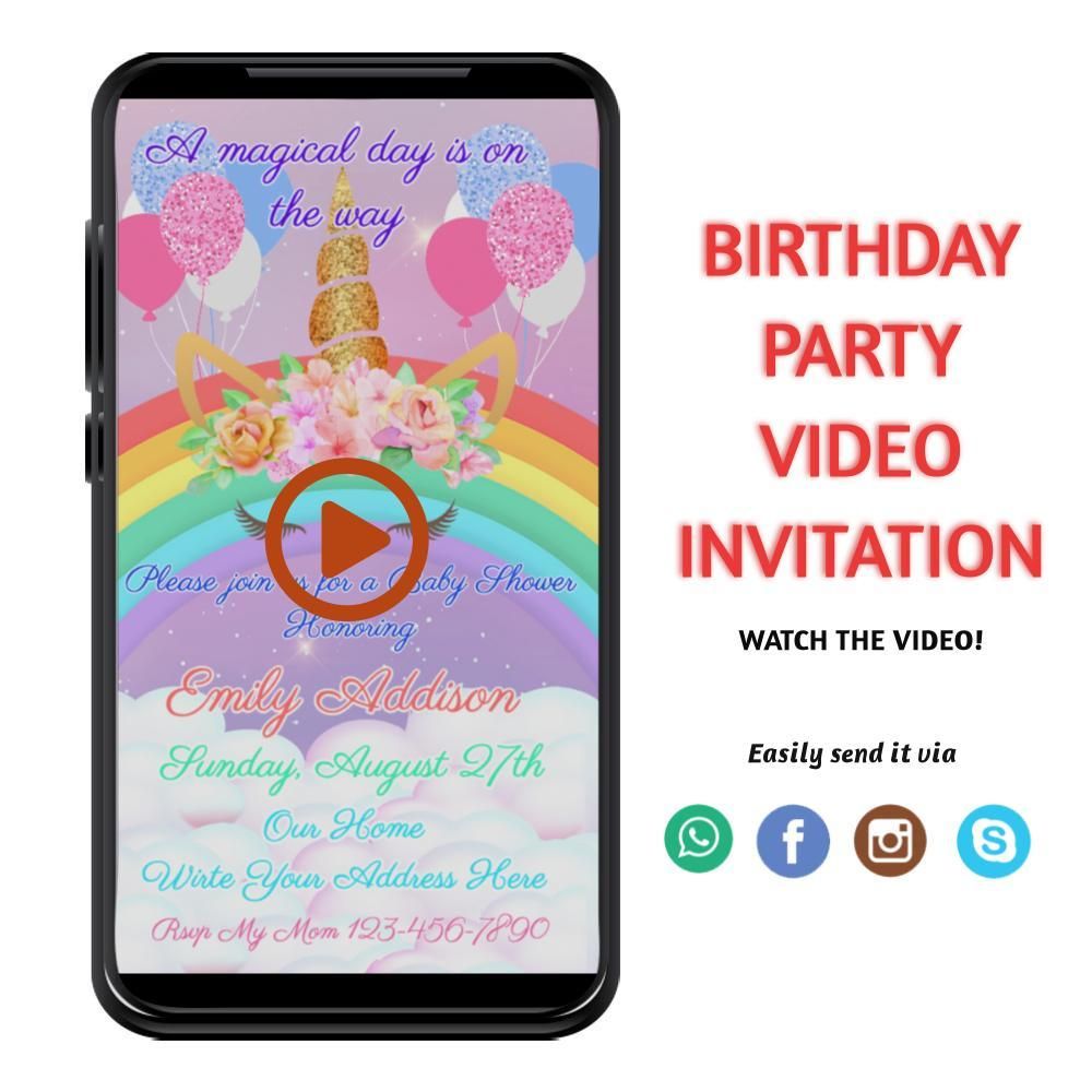 Unicorn Baby Shower Video Invitation Digital Template DIY