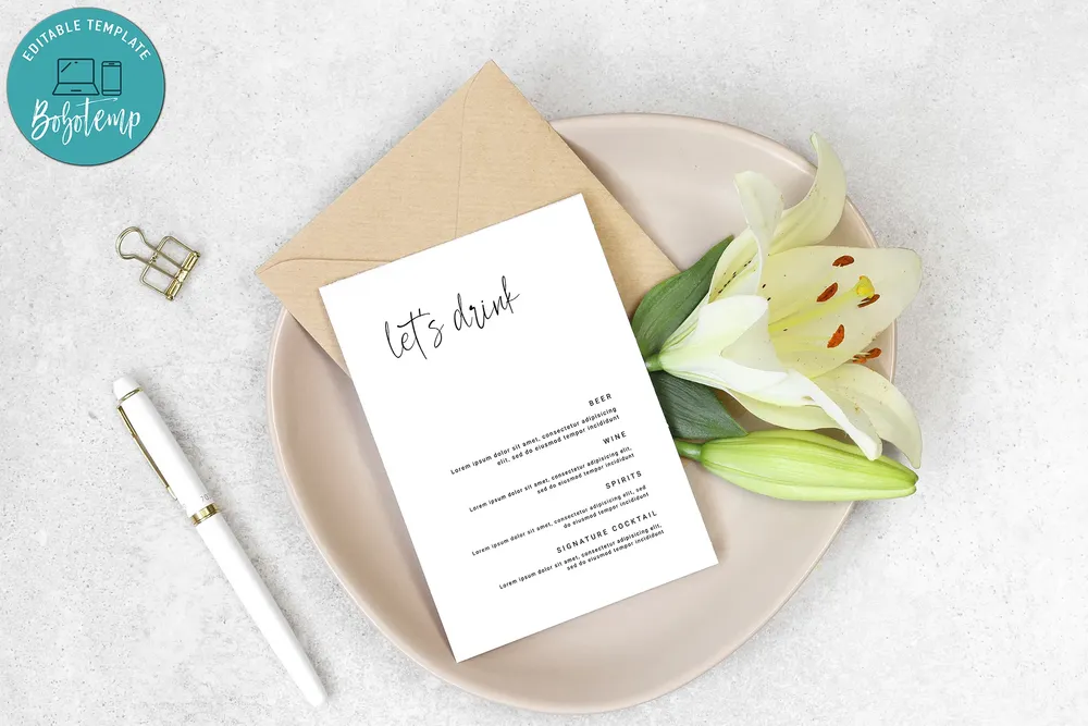Editable Minimal Wedding Drink Menu Template Instant Download