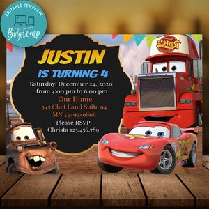 Editable Lightning McQueen Party Invite Instant Download